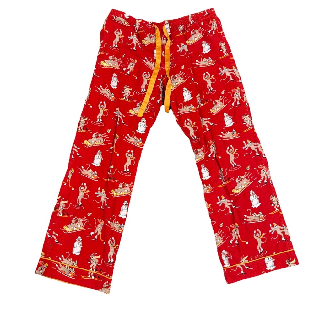 Nick & Nora Pants Womens Large Red Ice Skating Sock Monkey Flannel Pajama Lounge